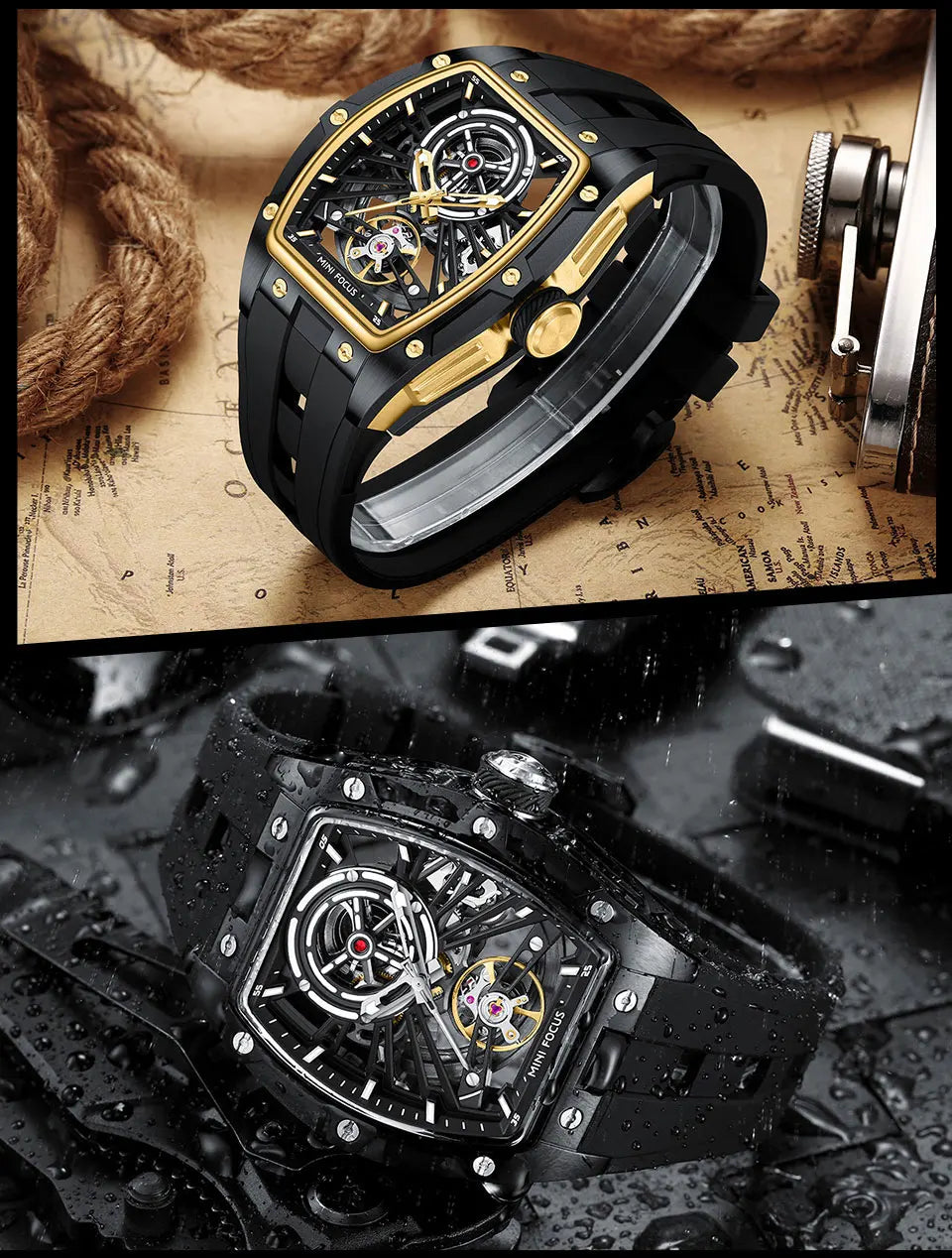 Montre Homme MINIFOCUS — Mécanique Automatique Squelette, Silicone & Waterproof 5ATM