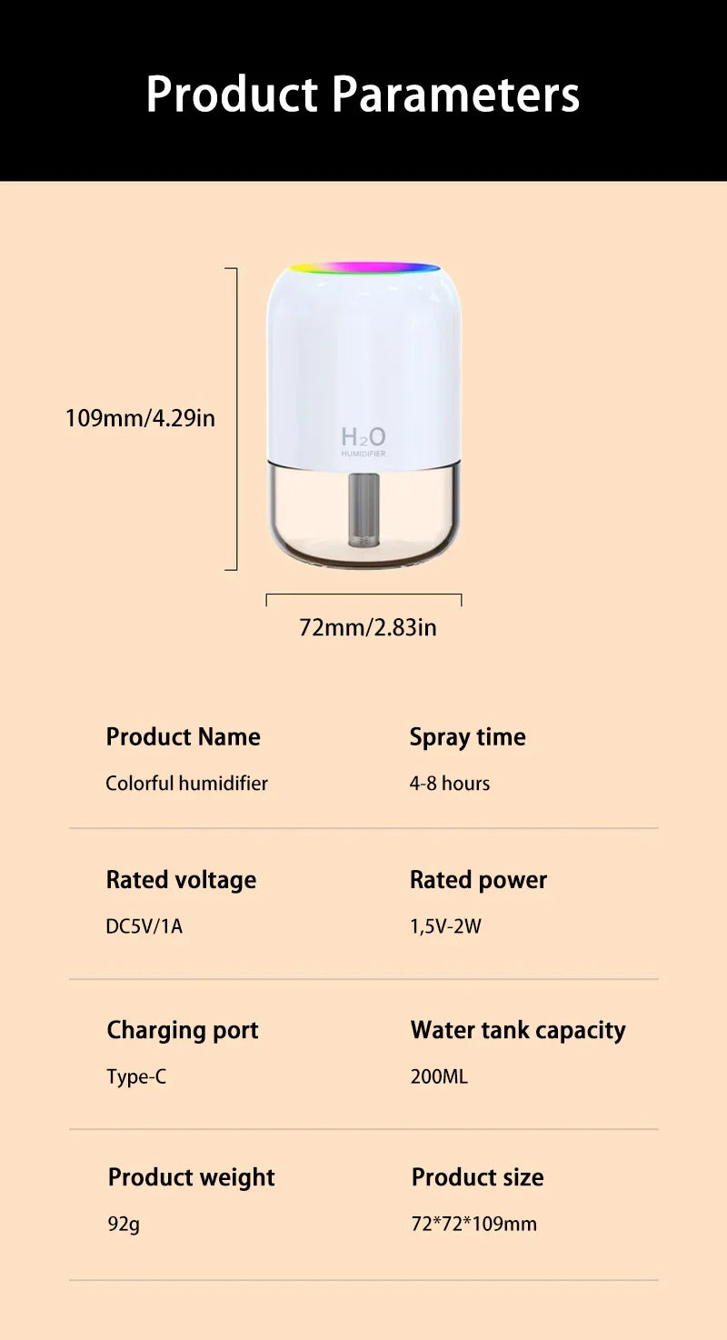 Nouveau mini humidificateur d'air , silencieux, hydratant, pour Chambre, Bureau, USB, avec lumière d'ambiance.