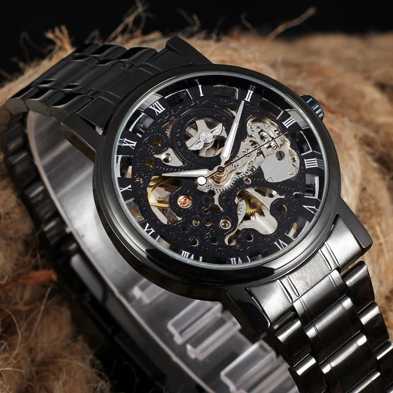 Montre Mécanique Squelette Noir Homme WINNER – Aiguilles Lumineuses, Bracelet Acier