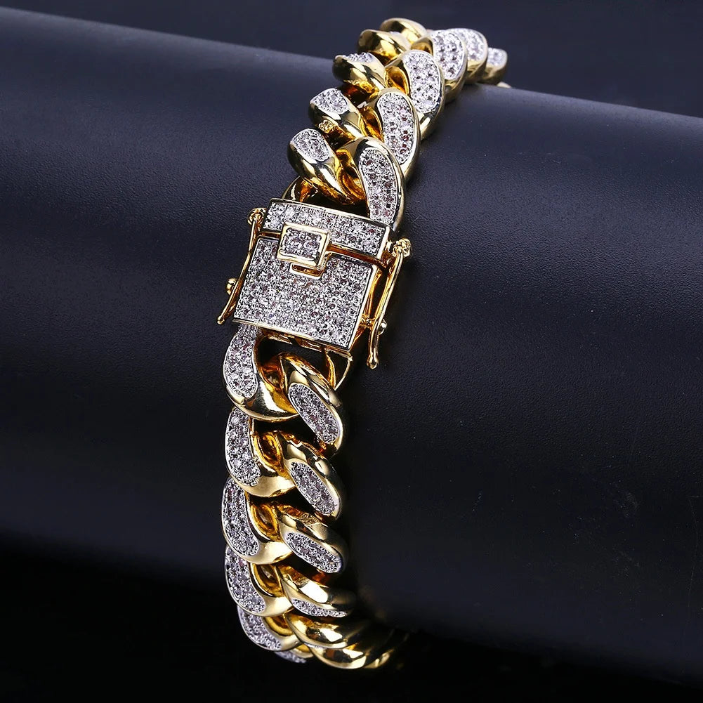 Bracelet de luxe en chaîne à maillons cubains glacés pour hommes, bijoux Hip-Hop en cristal pavé, en acier inoxydable, scintillant, cadeau