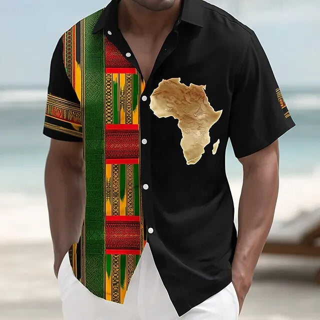 Chemise boutonnée vintage Juneteenth à manches courtes motif carte de la liberté africaine.