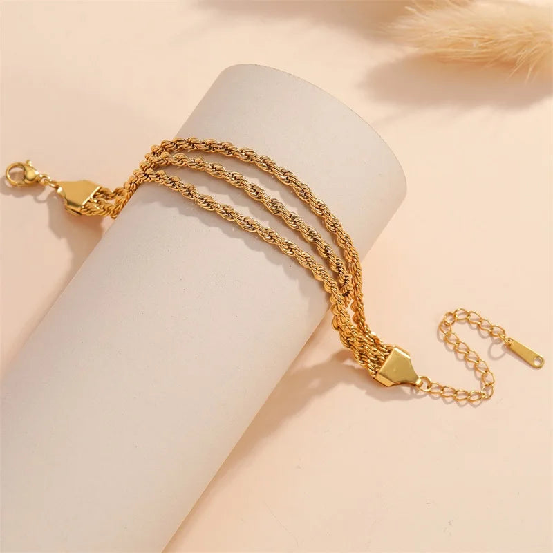 GANEMLY – Bracelet en acier inoxydable pour femmes, chaînes torsadées superposées en 3 couleurs, chaîne de poignet étanche, bijoux étanches