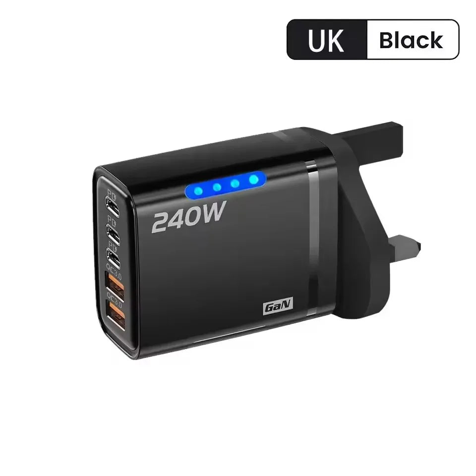 Chargeur rapide 240W GaN avec lumière LED, 2 USB + 3 Type-C, chargeur de téléphone multi-ports 5 en 1 pour iPhone 15-17 Series, Samsung, Huawei, Xiaomi 15
