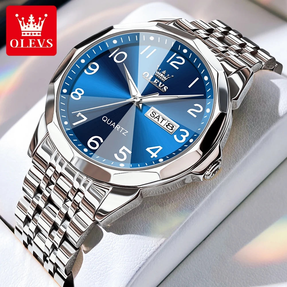 OLEVS montre de luxe montre pour hommes étanche argent acier inoxydable classique montre-bracelet à Quartz décontractée .