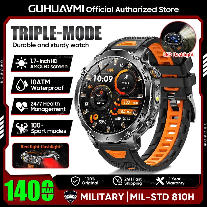 Smartwatch Militaire GUHUAVMI 2026 – Écran AMOLED 1,7", Batterie 1400mAh, GPS, Appel Bluetooth