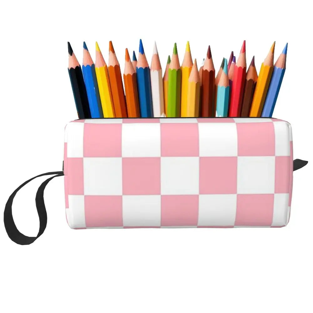 Trousse de maquillage à motif damier rose et blanc, organiseur de cosmétiques, trousse de toilette pour femmes, trousse de beauté de voyage, trousse à crayons