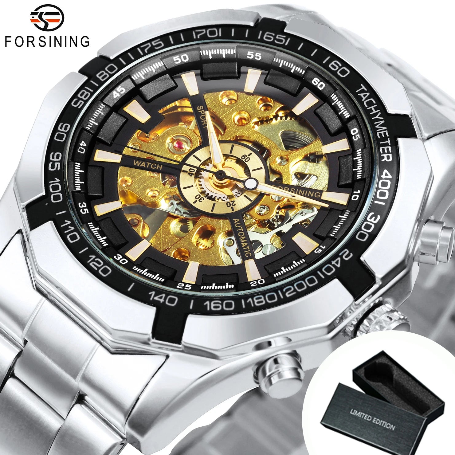 Montre Mécanique Squelette Homme WINNER – Aiguilles Lumineuses, Bracelet Acier