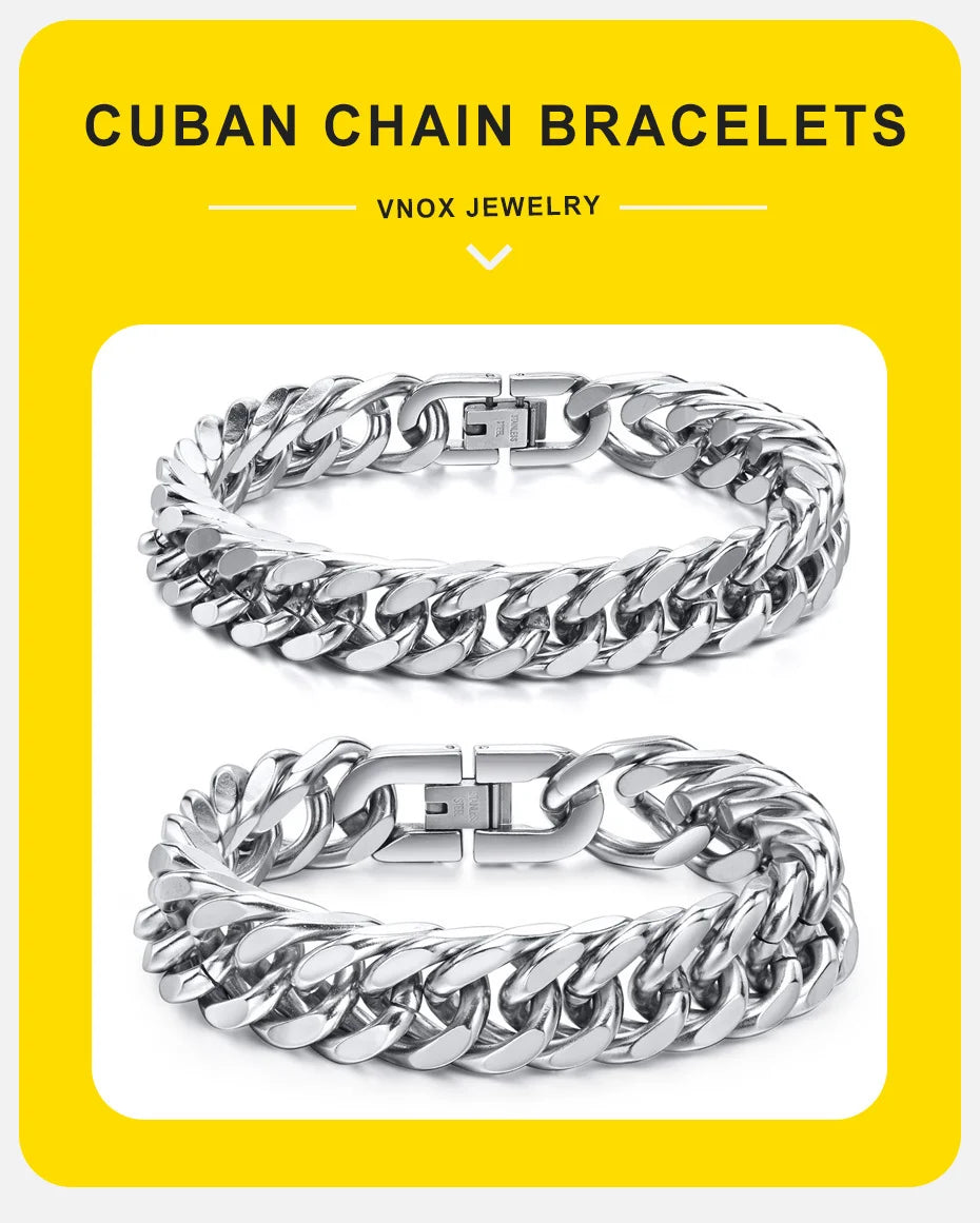 Vnox-Bracelets cubains en acier inoxydable pour hommes, 10/12/15mm de largeur, bijoux hip hop pour garçons