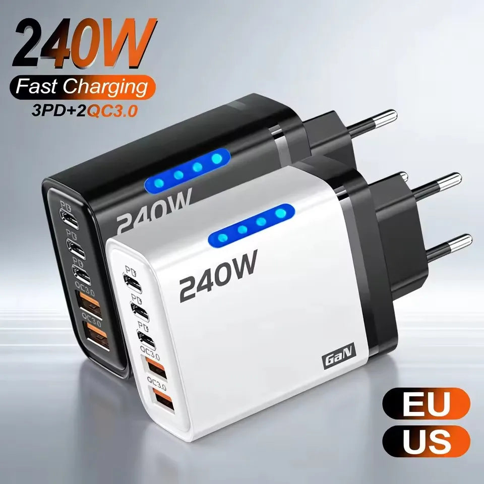 Chargeur rapide 240W GaN avec lumière LED, 2 USB + 3 Type-C, chargeur de téléphone multi-ports 5 en 1 pour iPhone 15-17 Series, Samsung, Huawei, Xiaomi 15