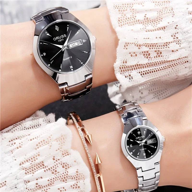 2 pièces Couples cadran coupe montre à Quartz affaires mode analogique calendrier montre-bracelet saint valentin cadeau pour hommes femmes Date montre