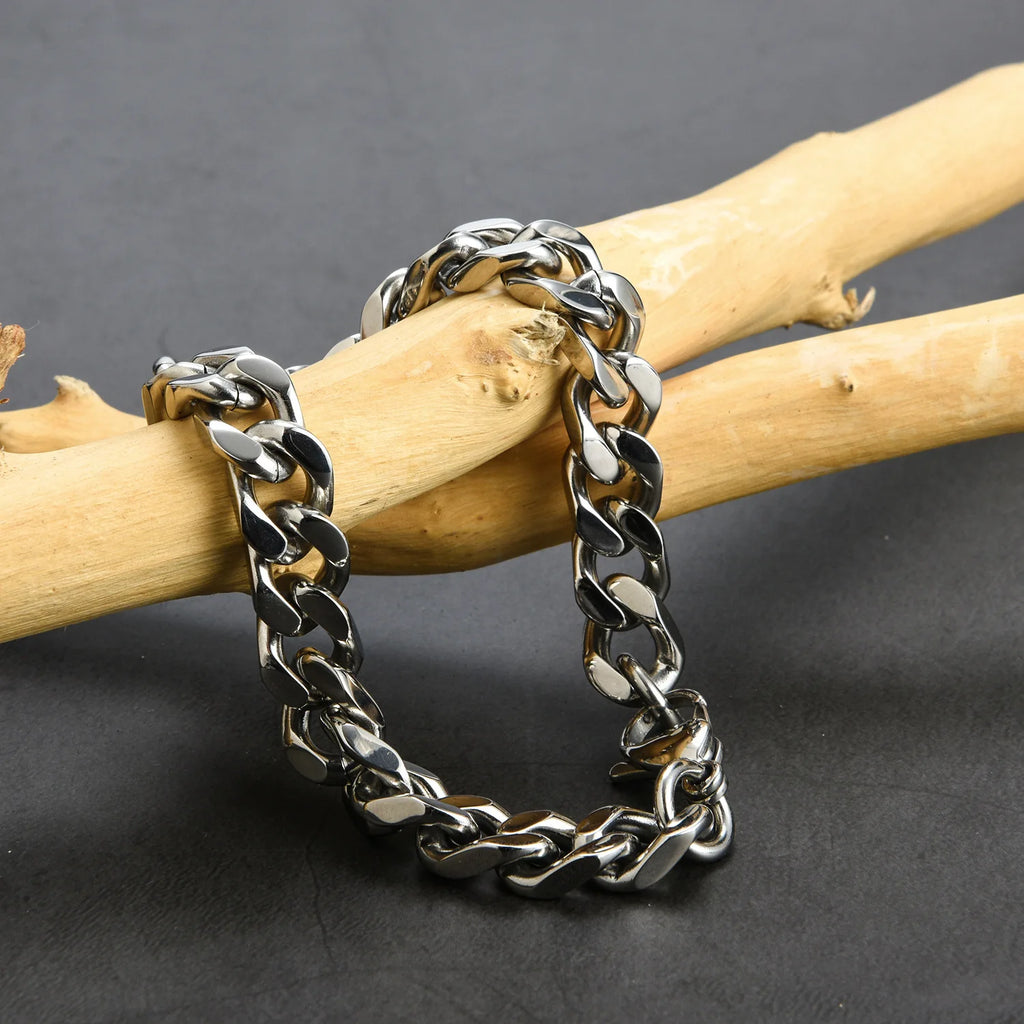 Bracelet cubain en acier inoxydable HNSP pour hommes, chaîne de main punk, accessoires de bijoux masculins, cadeau, largeur 8 mm-14 mm